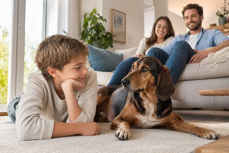 Ein freundlicher Peintinger-Bracke Hund liegt entspannt neben einem Kind im hellen Wohnzimmer, während Eltern im Hintergrund eine sichere Familienatmosphäre schaffen.