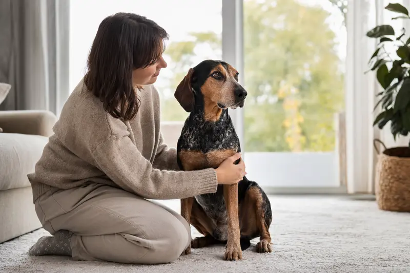 Ein aufmerksamer Peintinger-Bracke Hund steht in natürlicher Haltung vor hellem neutralem Hintergrund.