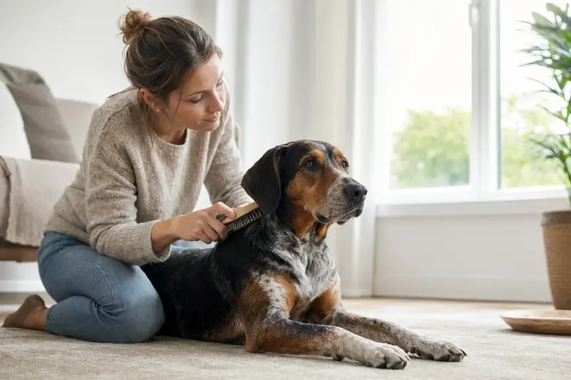 Ein Peintinger-Bracke Hund wird zuhause sanft gebürstet, während der Besitzer die Fellpflege liebevoll übernimmt.