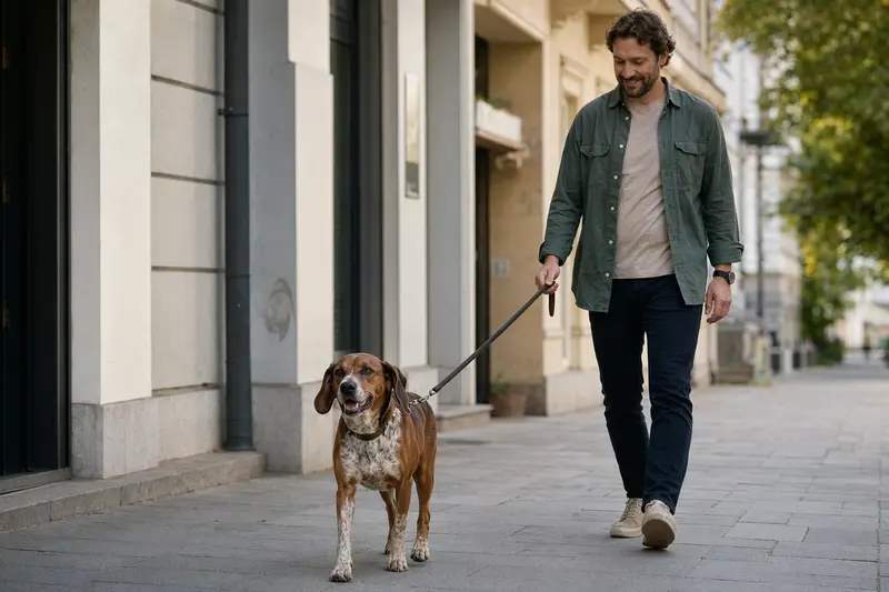 Ein Peintinger-Bracke-Hund läuft angeleint mit seinem Besitzer entspannt durch eine moderne Stadtstraße.