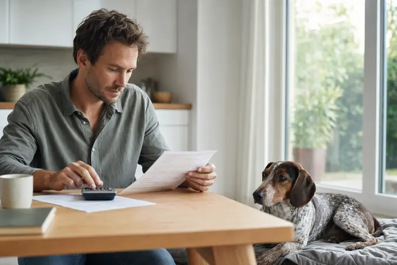 Besitzer sitzt mit Tierarztrechnung am Tisch, während ein entspannter Peintinger-Bracke-Hund auf einer Decke daneben ruht – passend zum Thema Hundekrankenversicherung.