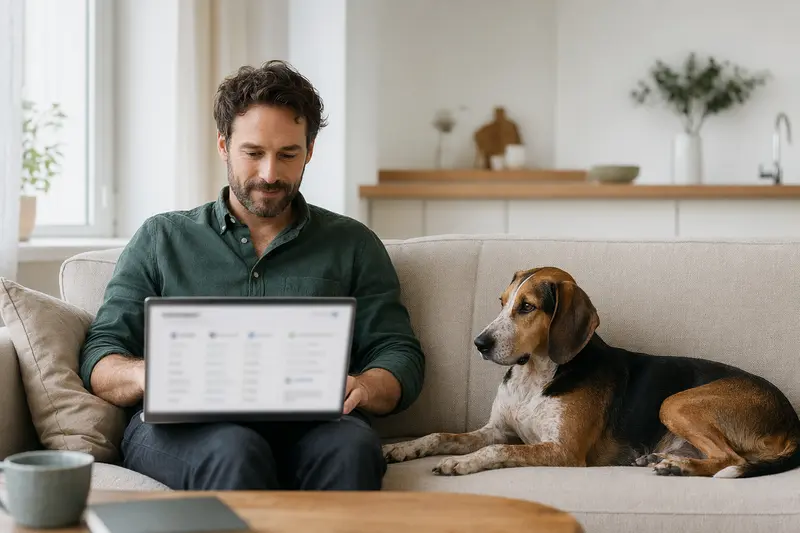 Ein Hundebesitzer sitzt mit einem Laptop auf dem Sofa, während eine Peintinger-Bracke entspannt daneben liegt, was Sicherheit und einfache Entscheidungen symbolisiert.
