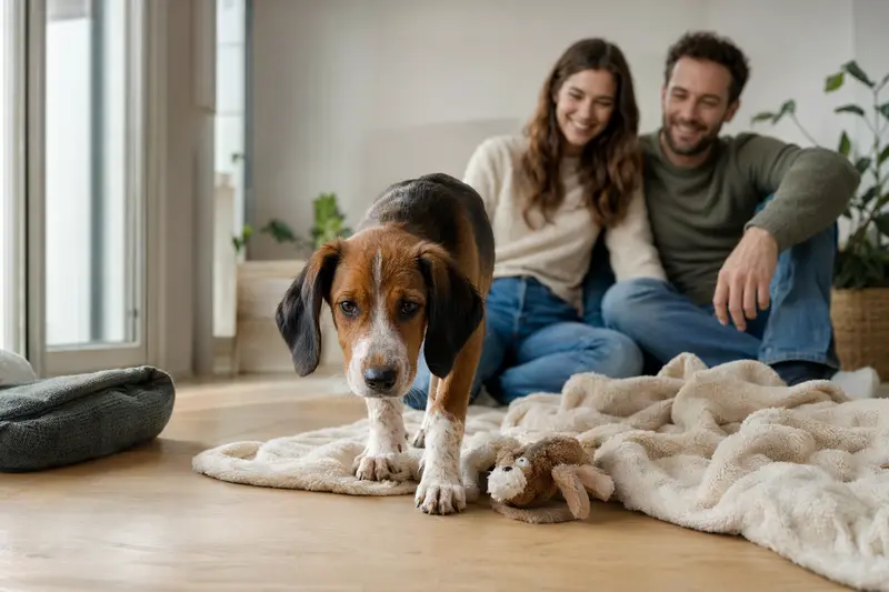 Ein junger Peintinger-Bracke Welpe erkundet neugierig seine neue Umgebung mit einer weichen Decke und Spielzeug, während eine liebevolle Familie im Hintergrund zu sehen ist.