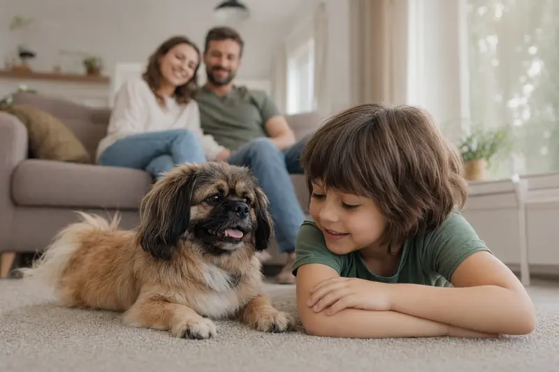 Ein Pekinese liegt entspannt neben einem Kind im hellen Wohnzimmer und vermittelt eine vertrauensvolle Familienatmosphäre.