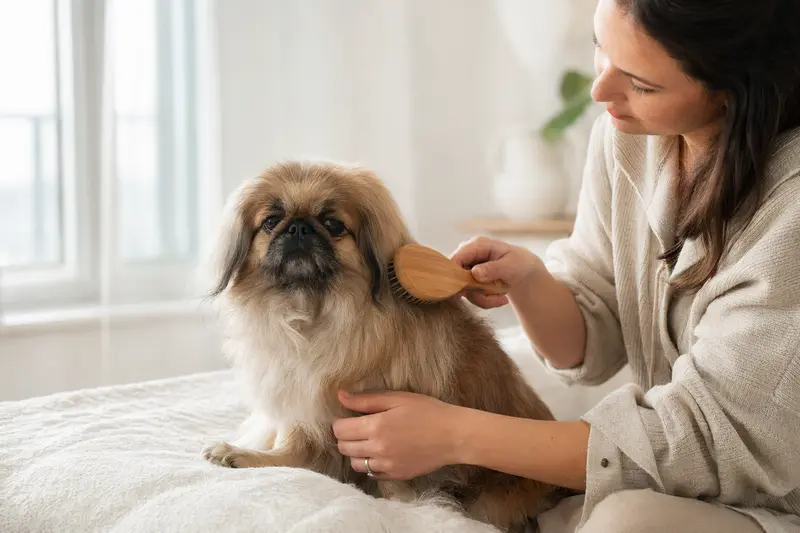 Ein Pekinese wird in einer hellen Wohnung sanft gebürstet, während sein Besitzer liebevoll die Fellpflege übernimmt.