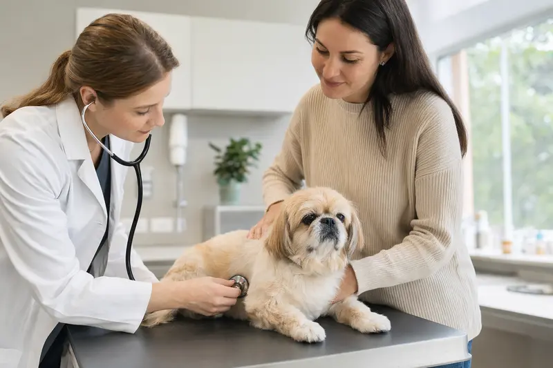 Ein ruhiger Pekinese wird von einer freundlichen Tierärztin mit einem Stethoskop in einer modernen Tierarztpraxis untersucht, während der Besitzer beruhigend daneben steht.