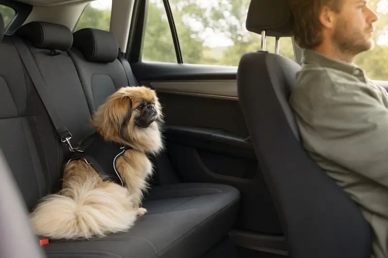 Ein Pekinese sitzt sicher angeschnallt auf der Rückbank eines Autos, während sein Besitzer ruhig fährt.