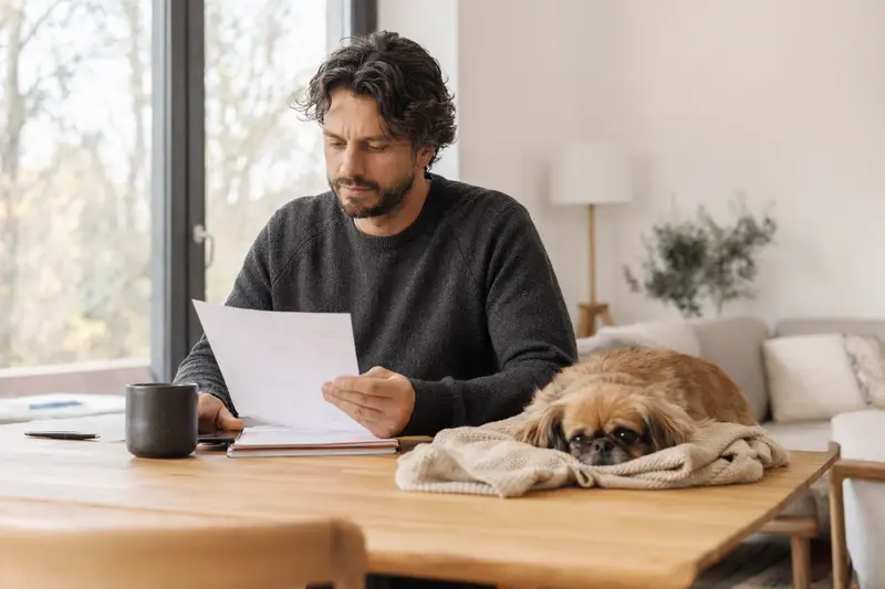 Ein Hundebesitzer sitzt mit einer Tierarztrechnung am Tisch, während ein entspannter Pekinese auf einer Decke liegt und das Thema Tierarztkosten bei der Hunderversicherung ruhig veranschaulicht.