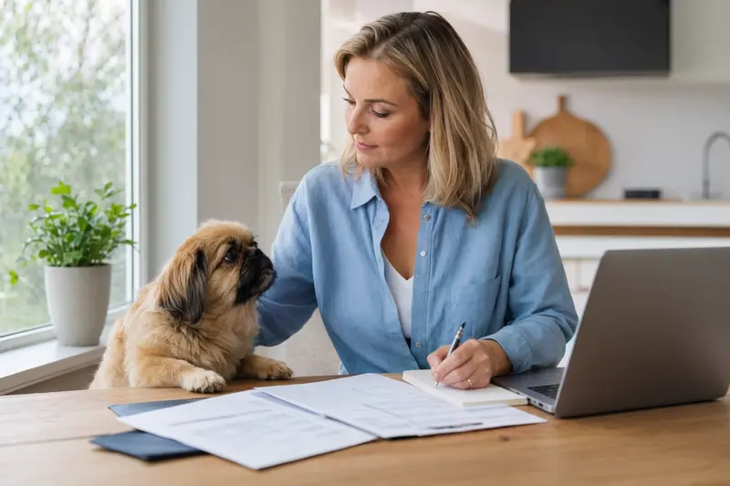 Ein Pekinese sitzt ruhig neben seinem Besitzer am Küchentisch, während Versicherungsunterlagen und ein Laptop mit Vergleichsseite das Thema Hundeversicherung im Alltag zeigen.