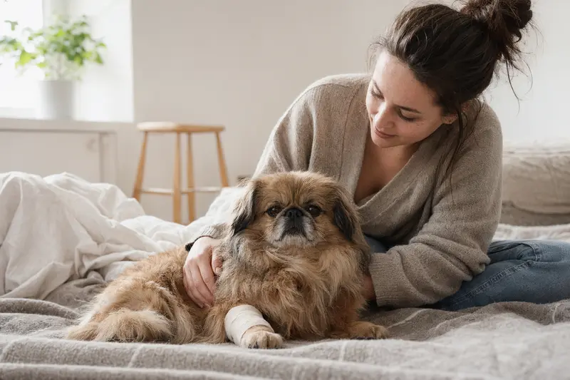 Ein Pekinese mit leicht verbundenem Pfötchen liegt ruhig auf einer Decke, während sein Besitzer neben ihm erleichtert sitzt.