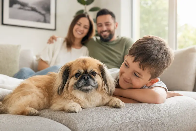 Ein freundlicher Peking-Palasthund liegt entspannt neben einem Kind im Wohnzimmer, während die Eltern im Hintergrund eine sichere Familienatmosphäre schaffen.