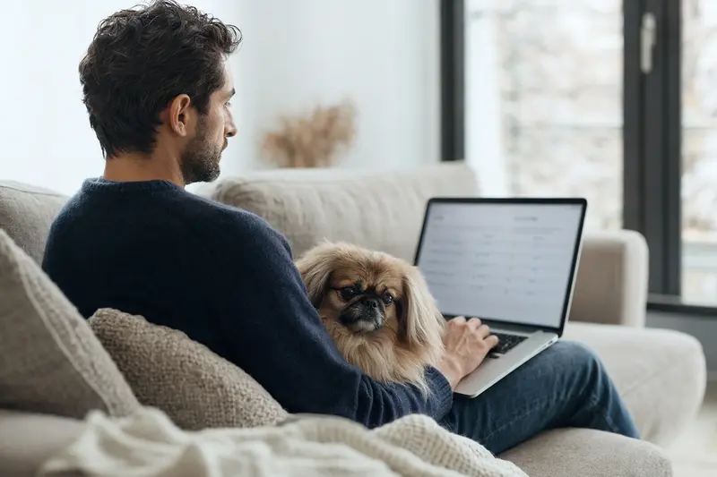Ein Besitzer sitzt mit einem Laptop auf dem Sofa, während ein Peking Palasthund entspannt daneben liegt und eine neutrale Versicherungsvergleichs-Oberfläche im Hintergrund angezeigt wird.