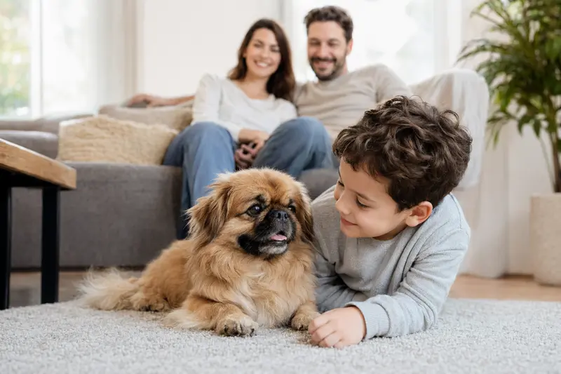 Ein freundlicher Pekingese liegt entspannt neben einem Kind im Wohnzimmer, während die Eltern im Hintergrund eine sichere, warme Familiensituation vermitteln.