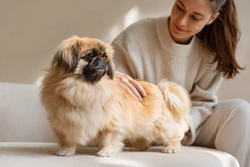 Ein aufmerksamer Pekingese Hund steht in natürlicher Haltung vor hellem Hintergrund, als realistisches Tierportrait mit feinem Fell und klaren Details.