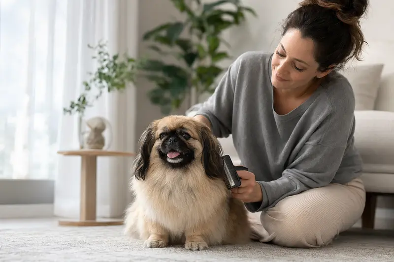 Ein Pekingese Hund wird in einer hellen Wohnung liebevoll gebürstet, während sein Besitzer die Fellpflege ruhig und sorgfältig übernimmt.