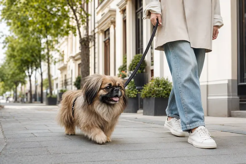 Ein Pekingese Hund läuft entspannt an der Leine mit seinem Besitzer durch eine saubere moderne Stadtstraße.