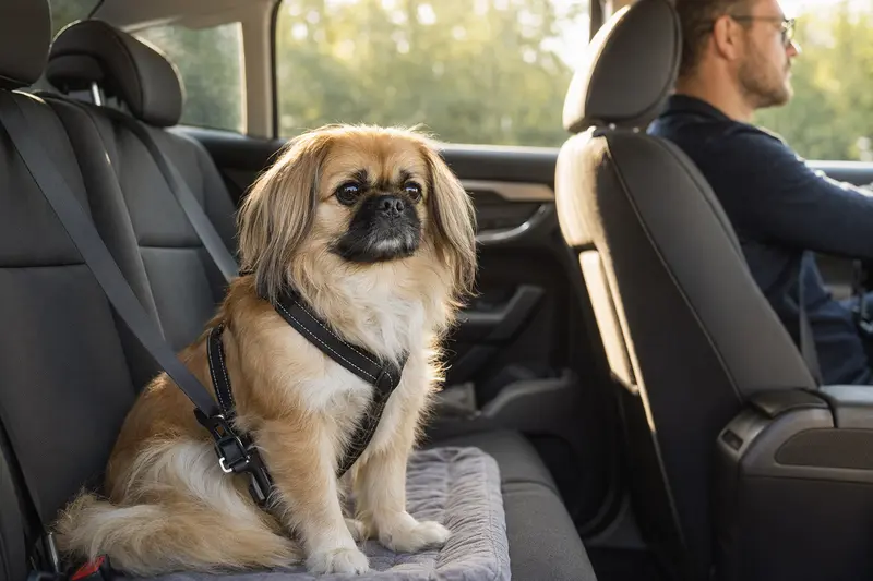 Ein Pekingese sitzt sicher angeschnallt auf der Rückbank eines Autos, während der Besitzer ruhig fährt.