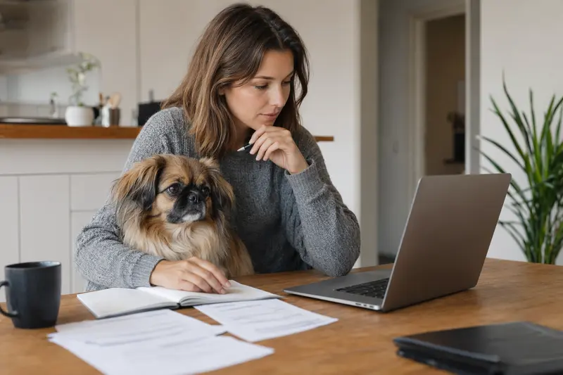 Ein Pekingese sitzt ruhig neben seinem Besitzer am Küchentisch mit Versicherungsunterlagen und Laptop mit Vergleichsseite, passend zum Thema Hundekrankenversicherung.