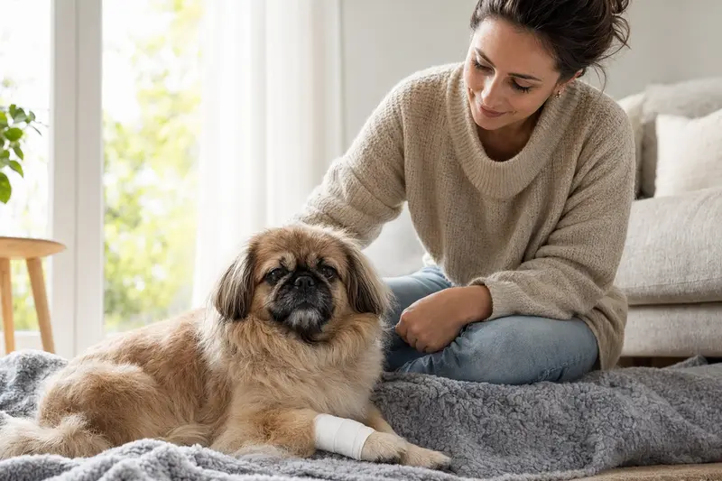 Pekingese Hund mit leichtem Verband an der Pfote liegt ruhig auf einer Decke neben seinem erleichterten Besitzer in einer hellen Wohnung.