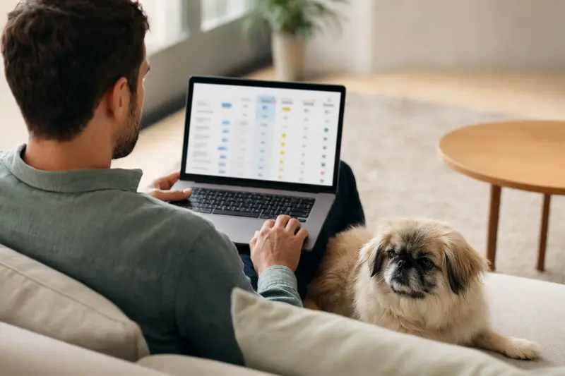 Ein Pekingese Hund sitzt neben seinem Besitzer, der an einem Laptop auf dem Sofa arbeitet, während eine neutrale Versicherungsvergleichsseite auf dem Bildschirm angezeigt wird.