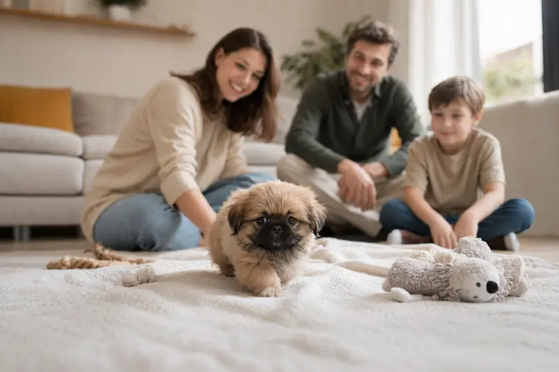 Ein junger Pekingese Welpe entdeckt neugierig sein neues Zuhause mit einer weichen Decke und Spielzeug, während eine liebevolle Familie im Hintergrund zu sehen ist.