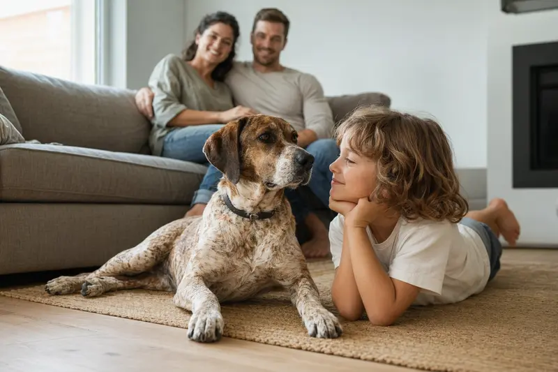 Ein freundlicher Perdigueiro Portugues liegt entspannt neben einem Kind im Wohnzimmer in einer sicheren Familienatmosphäre.