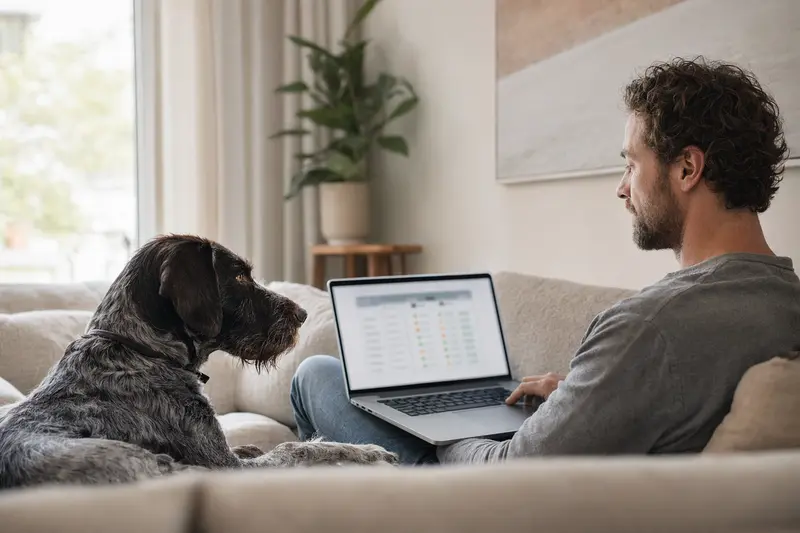 Ein Hundebesitzer arbeitet am Laptop im Wohnzimmer, während ein Perdigueiro Portugues neben ihm sitzt und eine neutrale Versicherungsoberfläche sichtbar ist.