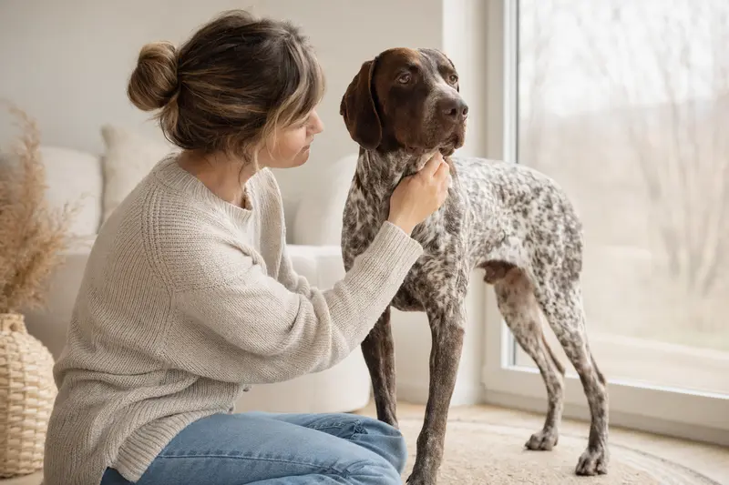 Aufmerksamer Perdiguero de Burgos Hund in natürlicher Haltung vor hellem Hintergrund als professionelles Tierportrait.