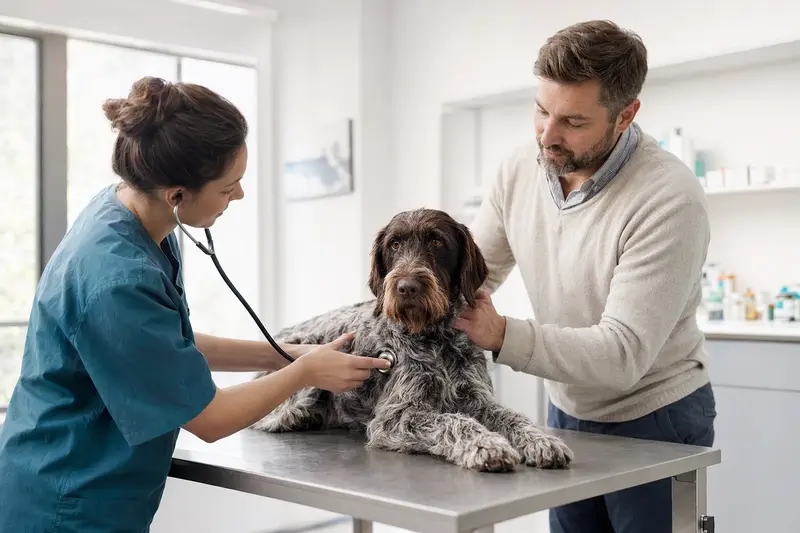 Ein Perdiguero de Burgos Hund wird von einer freundlichen Tierärztin mit einem Stethoskop untersucht, während sein Besitzer beruhigend daneben steht.