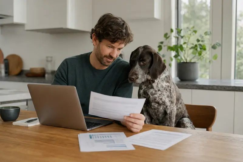 Ein Perdiguero de Burgos sitzt ruhig neben seinem Besitzer am Küchentisch mit Versicherungsunterlagen und einem Laptop zur Hundekrankenversicherung.