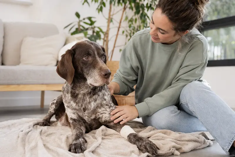 Perdiguero de Burgos Hund mit leicht verbundenen Pfote liegt ruhig auf einer Decke neben seinem erleichterten Besitzer.