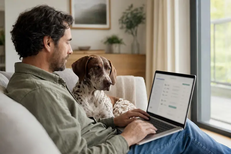 Besitzer sitzt mit Laptop auf dem Sofa, während ein Perdiguero de Burgos Hund neben ihm liegt, auf dem Bildschirm wird eine neutrale Versicherungsvergleichsseite angezeigt.