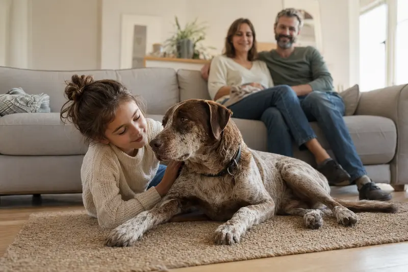 Ein freundlicher Perdiguero Navarro Hund liegt entspannt neben einem Kind im Wohnzimmer, während die Eltern im Hintergrund stehen.