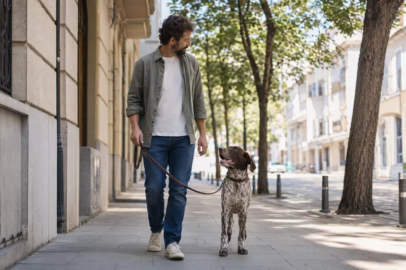Ein Perdiguero Navarro Hund läuft an der Leine mit seinem Besitzer durch eine moderne Stadtstraße.