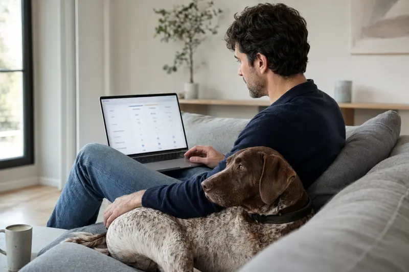 Ein Hundesitzer mit einem Perdiguero Navarro sitzt auf dem Sofa und vergleicht Tierkrankenversicherungen auf einem Laptop.