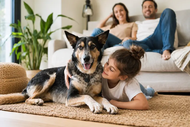 Ein freundlicher Perro Bardino Majorero liegt entspannt neben einem Kind im hellen Wohnzimmer, während die Eltern im Hintergrund eine sichere Familienatmosphäre schaffen.
