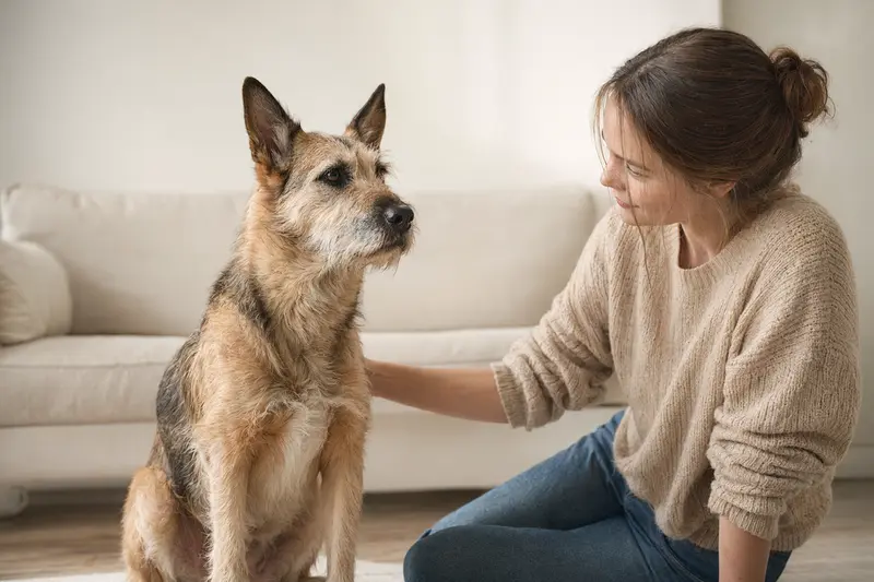Ein aufmerksamer Perro Bardino Majorero steht in natürlicher Haltung vor hellem Hintergrund und zeigt das typische Erscheinungsbild der Rasse.