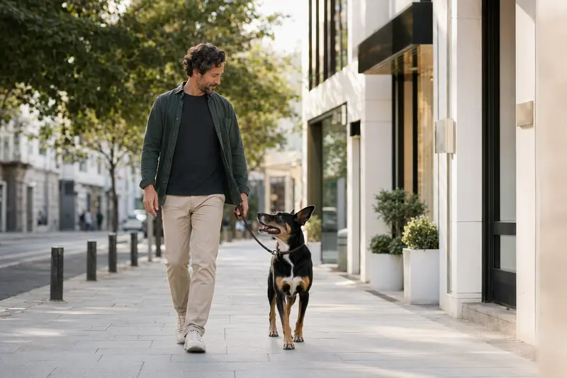 Ein Perro Bardino Majorero läuft entspannt an der Leine mit seinem Besitzer durch eine moderne Stadtstraße.
