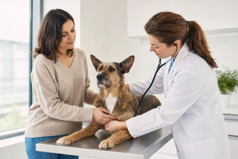 Ein ruhiger Perro Bardino Majorero Hund wird von einer freundlichen Tierärztin mit einem Stethoskop in einer modernen Praxis untersucht, während der Besitzer beruhigend danebensteht.