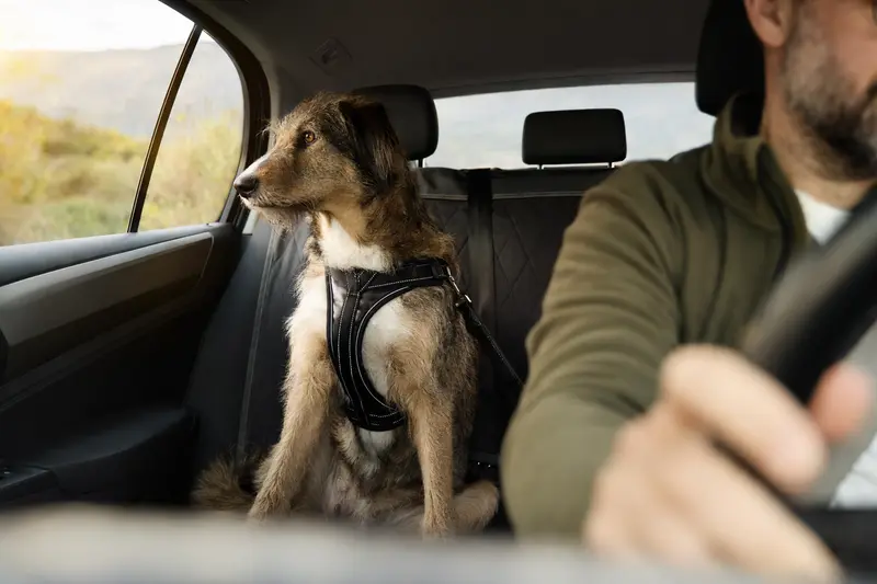 Ein Perro Bardino Majorero sitzt angeschnallt auf der Rückbank eines Autos und fährt bei Sonnenlicht sicher mit.