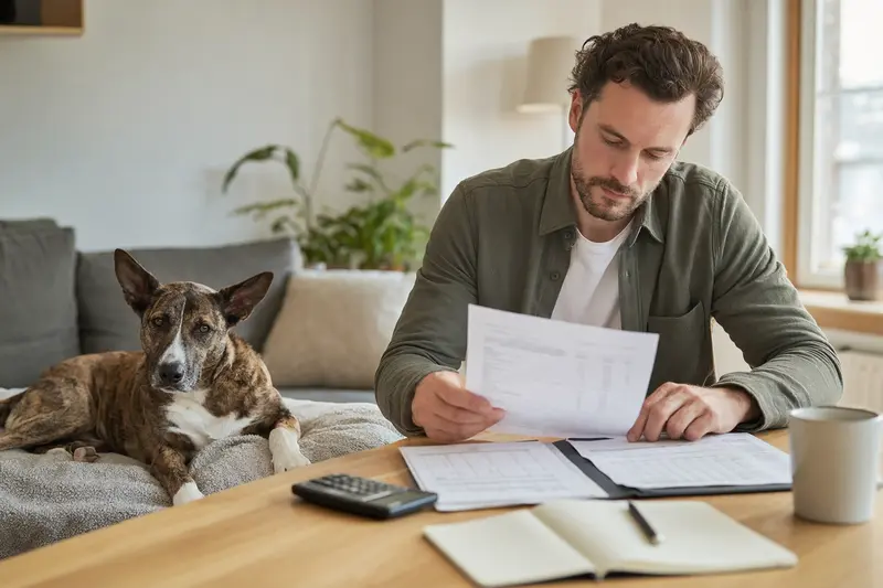 Ein Hundehalter sitzt mit einer Tierarztrechnung am Tisch, während ein entspannter Perro Bardino Majorero auf einer Decke daneben liegt.