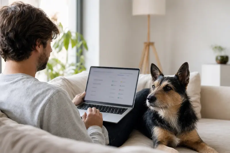Ein Hundebesitzer arbeitet am Laptop auf dem Sofa neben seinem Perro Bardino Majorero und vergleicht Versicherungen.