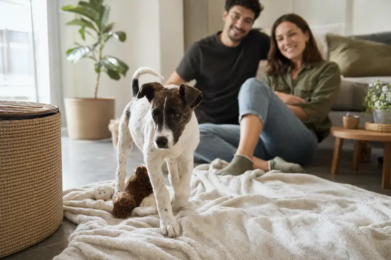 Ein neugieriger Perro Bardino Majorero Welpe erkundet seine neue Wohnung mit weicher Decke und Spielzeug.