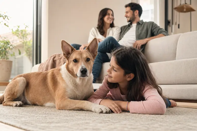 Ein freundlicher Perro Criollo Hund liegt entspannt neben einem Kind im Wohnzimmer und vermittelt eine sichere Familienatmosphäre.