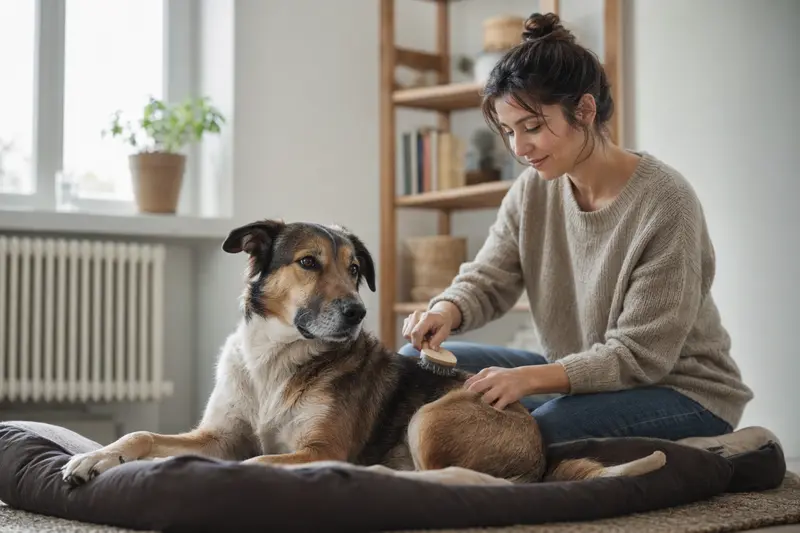 Ein Perro Criollo wird zuhause sanft gebürstet, während sein Besitzer liebevoll die Fellpflege übernimmt.
