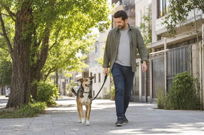 Ein Perro Criollo Hund läuft entspannt an der Leine mit seinem Besitzer durch eine moderne Stadtstraße.
