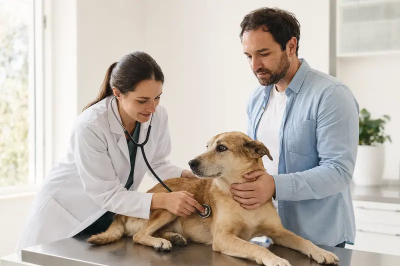 Ein ruhiger Perro Criollo Hund auf einem Untersuchungstisch, während eine freundliche Tierärztin ihn mit einem Stethoskop untersucht.