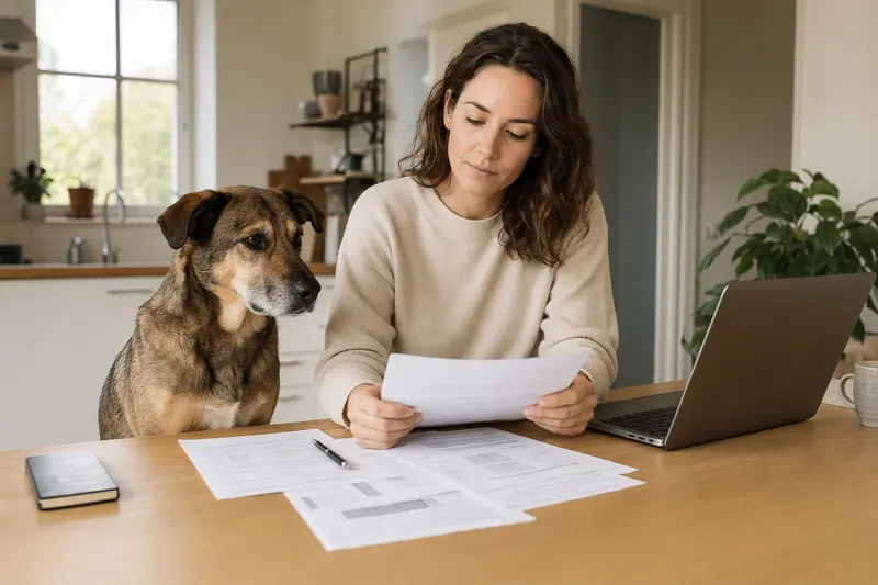 Ein Perro Criollo sitzt ruhig neben seinem Besitzer am Küchentisch, während Versicherungsunterlagen und ein Laptop mit einer Vergleichsseite auf eine Hundeversicherung hinweisen.