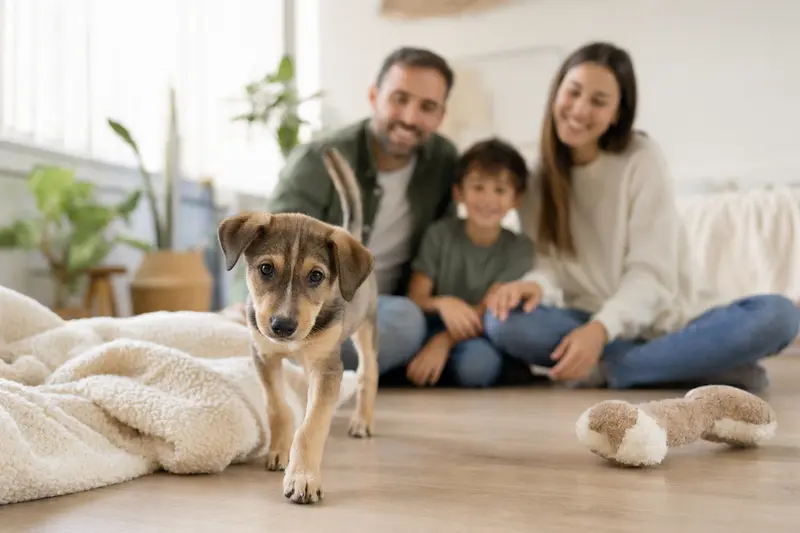 Ein neugieriger Perro Criollo Welpe erkundet sein gemütliches Zuhause mit liebevoller Familie im Hintergrund.