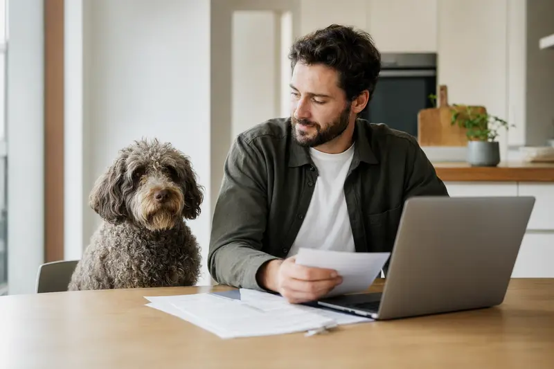 Ein Perro de agua Americano sitzt ruhig neben seinem Besitzer am Küchentisch mit Versicherungsunterlagen und Laptop.